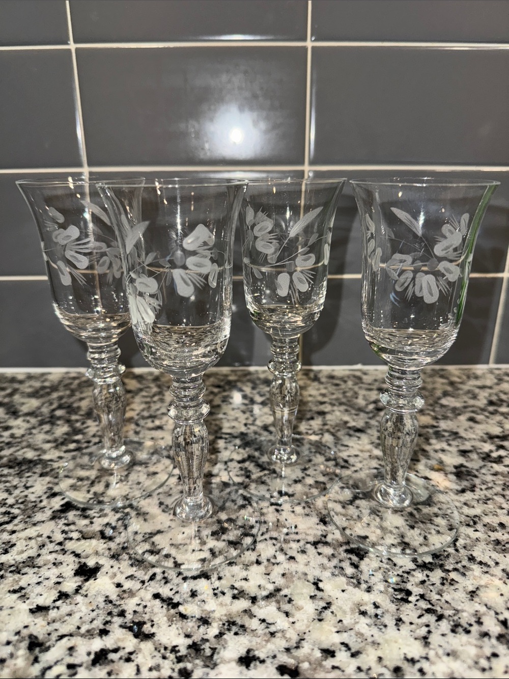 Clear Etched Floral Wine Glasses - Set of 4